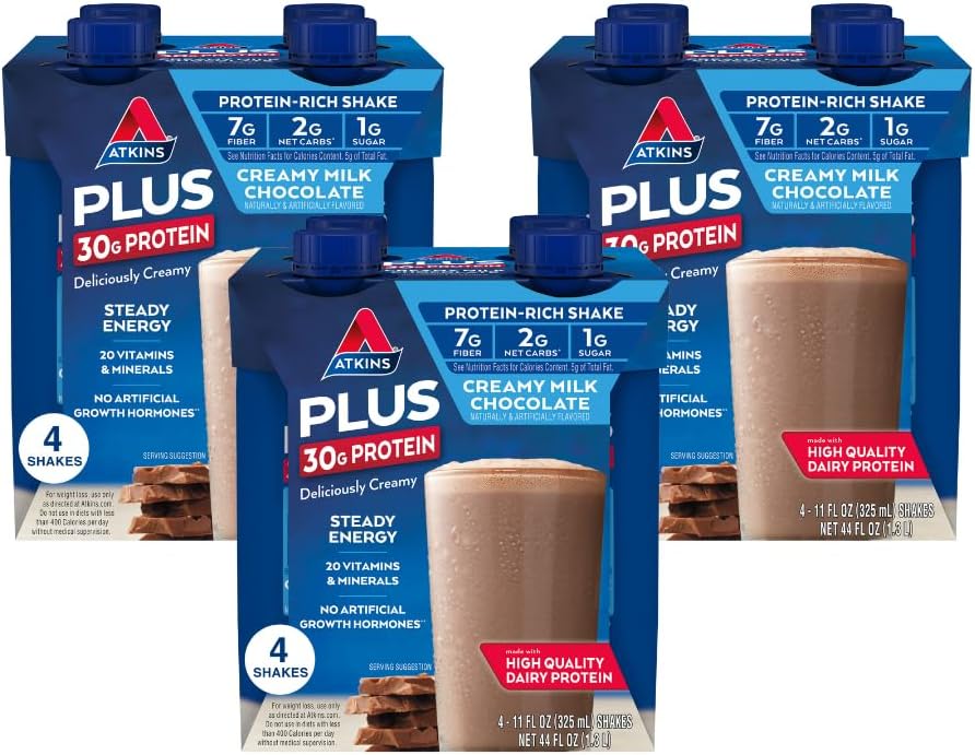 Atkins Κρέμα γάλακτος σοκολάτας PLUS πρωτεΐνης Shake, 30g πρωτεΐνης, 7g ίνες, 2g καθαρό υδατανθράκων, 1g ζάχαρη, Κετό φιλικό, χαμηλής υδατανθράκων, υψηλής πρωτεΐνης ποτό, 12 Count