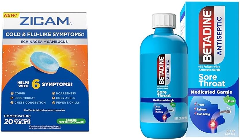 Zicam Cold Belirtileri Betadin Sore Throat Gargle, Echinacea & Sambucus Homeopathic Tabletler, 20 & Kont 8 FL OZ