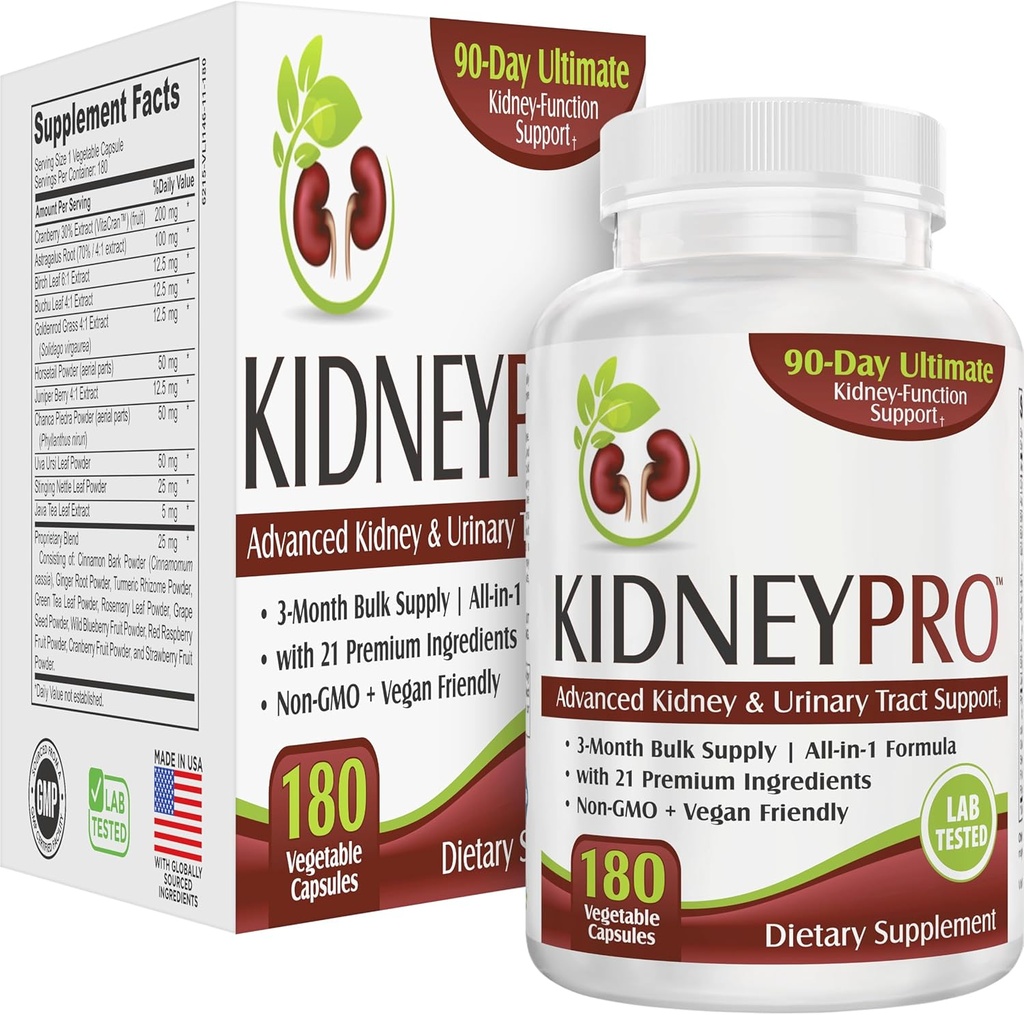 Kidney-PRO | 3Month Supply with 21 Kidney Health Supplements | All-in-1 Mix | Kidneys & Urinary Tract Support Supplement | 90-Day Bulk Supply | 180 Capsules