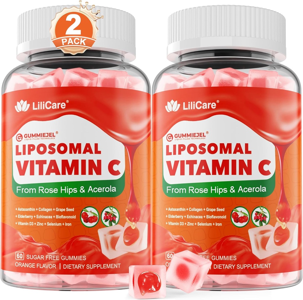 Liposomal Vitamin C 1000mg Filled Gummies for Adults & Kids 9+, 1660mg Blend w/Echinacea, Elderberry, D3, Zinc, Iron, Bioflavonoid, Astaxanthin, Natural Organic Chewable Vitamin C, Sugar Free, 2Pack