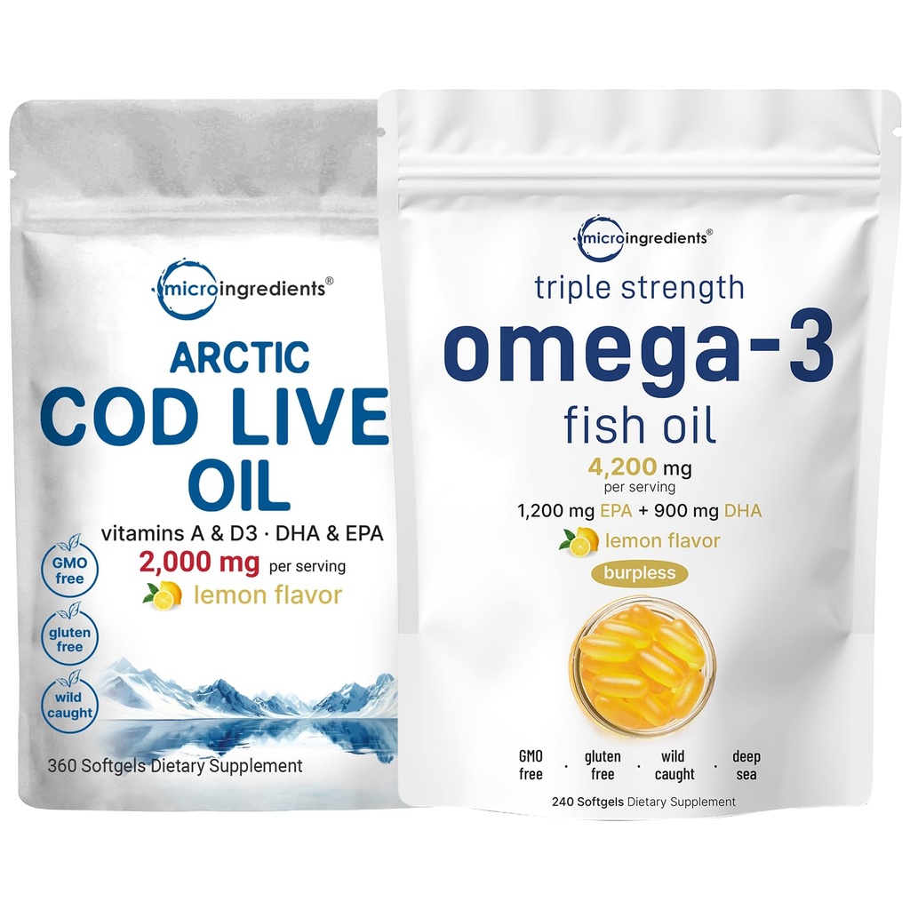 Triple Strength Omega 3 Fish Oil Supplements 4200 mg Per Service & Cod Liver Oil 2,000mg Per Servis, 360 Softgels | Lemon Flavored – Burpless – Wild Caught – Arctic Deep Sea Fish Fish