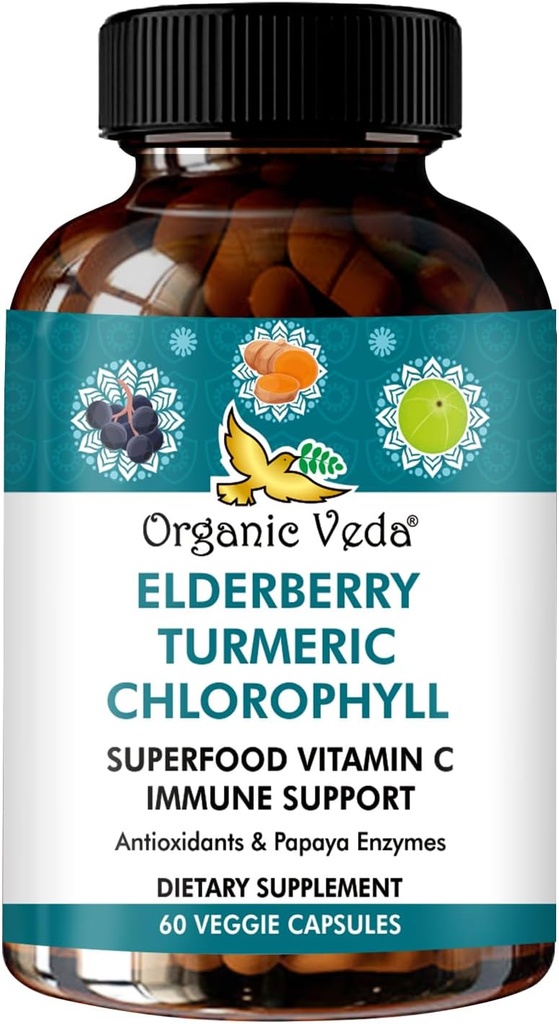 Organik Veda Elder Turmeric Chlorophyll Immune Support Supplement - Superfoods Antioksis, Green Vitamin C, Grape Tohumu, Acerola, Moringa & Papaya Enzymes - 60 Vegan Capsules