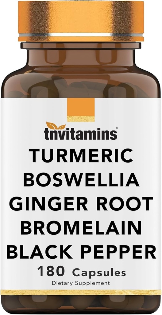 Tnvitamins Turmeric & Boswellia Kompleksi (180 Capsules) Ginger Root, Bromelain, & Black Pepper Extract | Ortak-Ease Formula: Güçlü Ortak Destek Tamam * | ABD'de Üretilen
