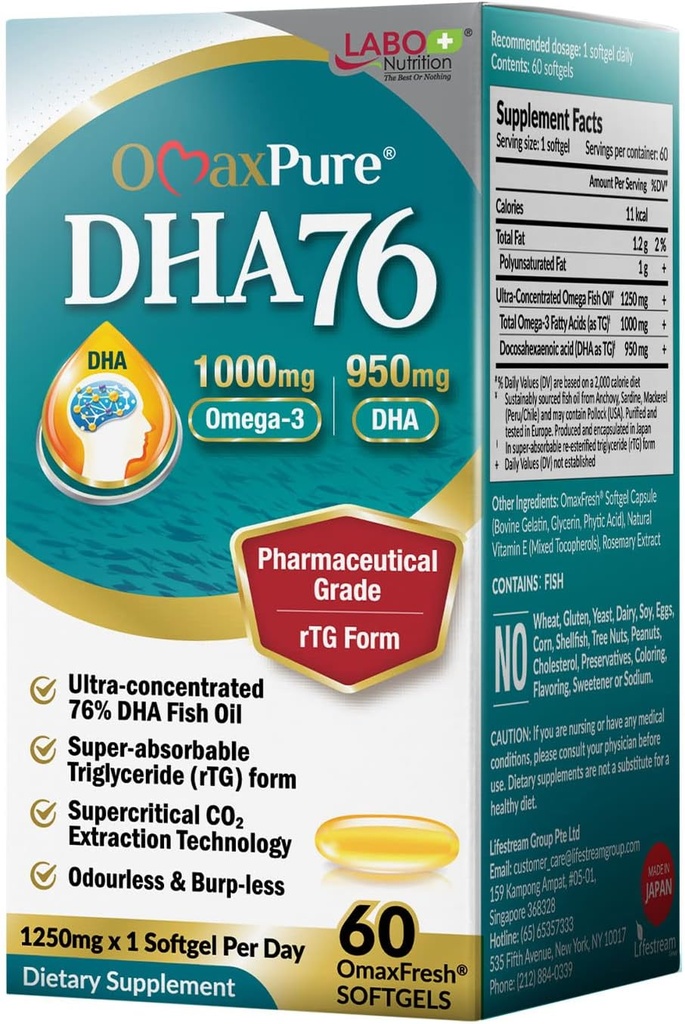 LABO Beslenme OmaxPure DHA76 Omega 3 Fish Oil, Ultra-Concentrated 76% 950 mg DHA, EPA, 60 Kont, Farm Grade, Super critical CO2 alıntılanmış rTG Form, Kalp, Ortak, Beyin ve Immune Health