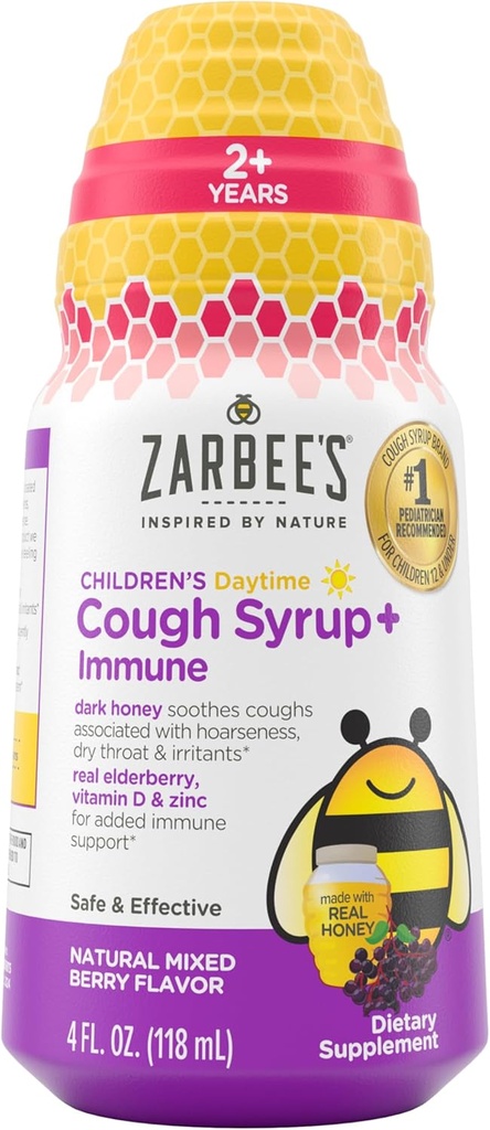 Zarbee's Children's Daytime Honey Cough Syrup + Immune for Kids 2+, Cough Syrup with Soothing Dark Honey, Real Elderberry, Vitamin D & çinko, Drug & Alkol-Free, Berry, 4 fl. ozz