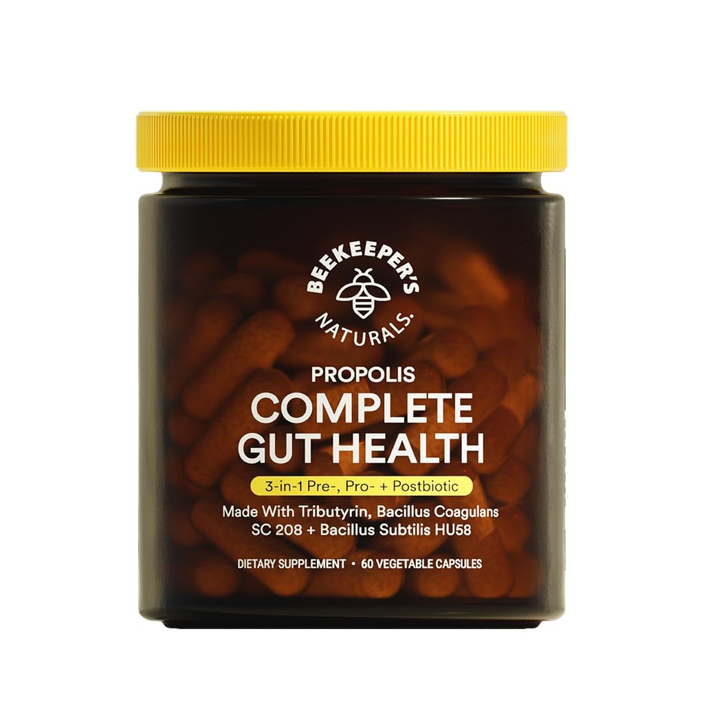 Arıcının Doğalları Gut Health, 3in-1 Prebiyotik, Postbiyotik, Kadın ve Erkekler için Propolis Desteği, Gluten-Free Vegan Capsules, 60ct