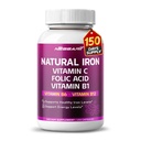 Organik Demir C, Folic Acid ile Vitamin Yüksek Potency - Yüksek Tahsli Formula B1, B6, Vitamin B12 - Destek Kan Binası - 150 Kont - ABD'de Yapılan ve Test Edilmiş