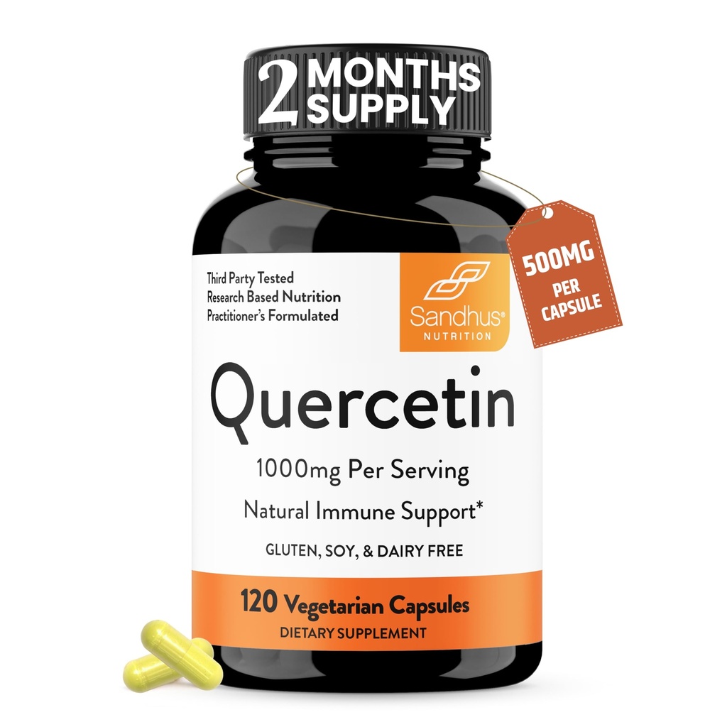 Sandhu'nun Quercetin Vegetarian Capsules 120 Kont ( 1) | Bioflavonoyaks for Immune Support & Respiratory Health, Mevsimsel Alerji Desteği | Erkekler ve Kadınlar için Quercitin