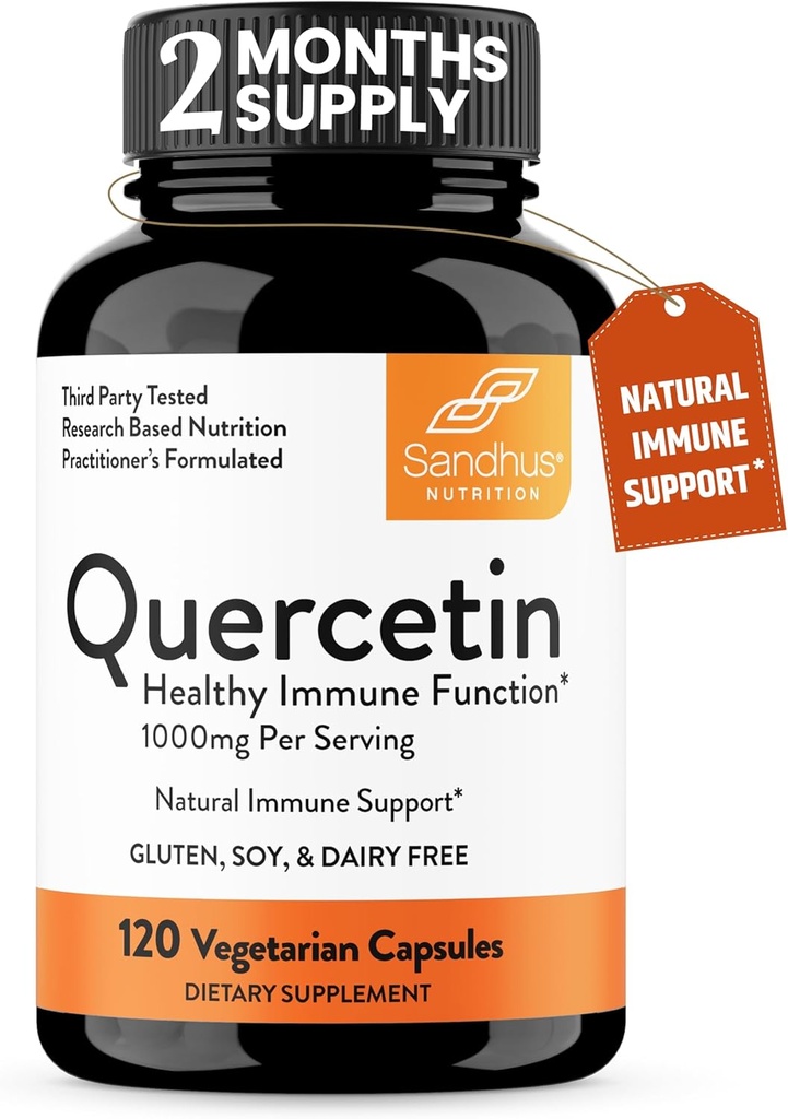 Sandhu'nun Quercetin Vegetarian Capsules 120 Kont ( 1) | Bioflavonoyaks for Immune Support & Respiratory Health, Mevsimsel Alerji Desteği | Erkekler ve Kadınlar için Quercitin