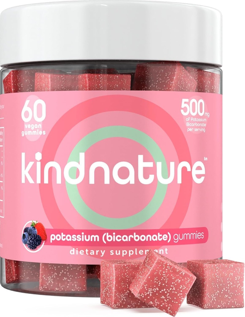 KINDN, Yüksek Potasyum Supplement Gummies 500 mg - Yetişkinler ve Çocuklar için Chewable - Saf Potasyum Bikarbonat Mineral Tamam - Vegan, Gluten Free, Non GMO - 60 Gummies (30 Day Supply)