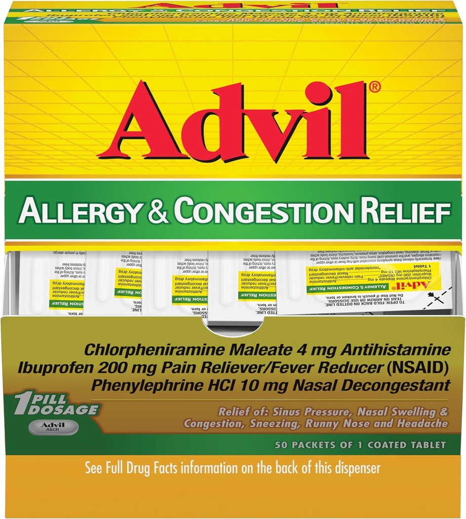 Advil Antioksitler ve Yoğunluk Yardım Tabletleri, Ağrı Reliever, Ibuprofen, Phenylephrine HCl ve Chlorpheniramine 4 mg - 50 Kaplamalı Tabletler