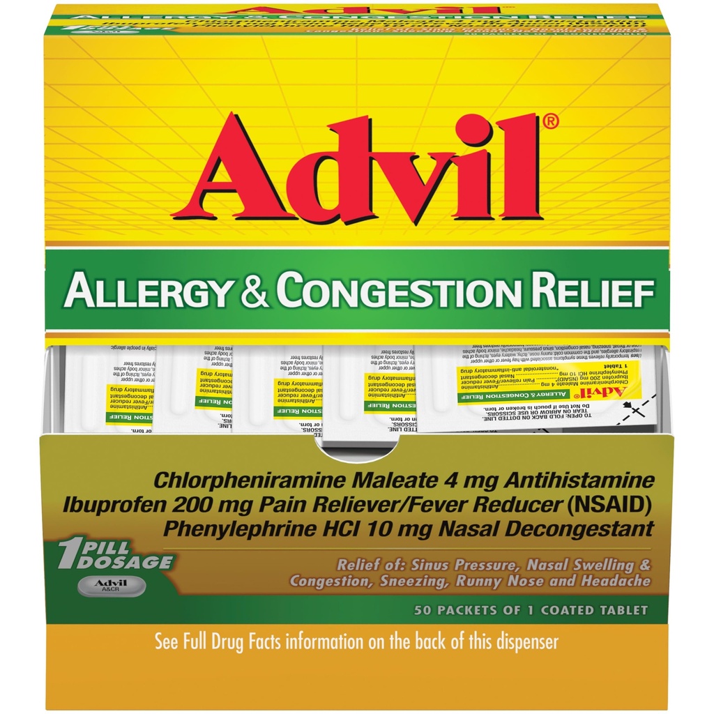 Advil Antioksitler ve Yoğunluk Yardım Tabletleri, Ağrı Reliever, Ibuprofen, Phenylephrine HCl ve Chlorpheniramine 4 mg - 50 Kaplamalı Tabletler