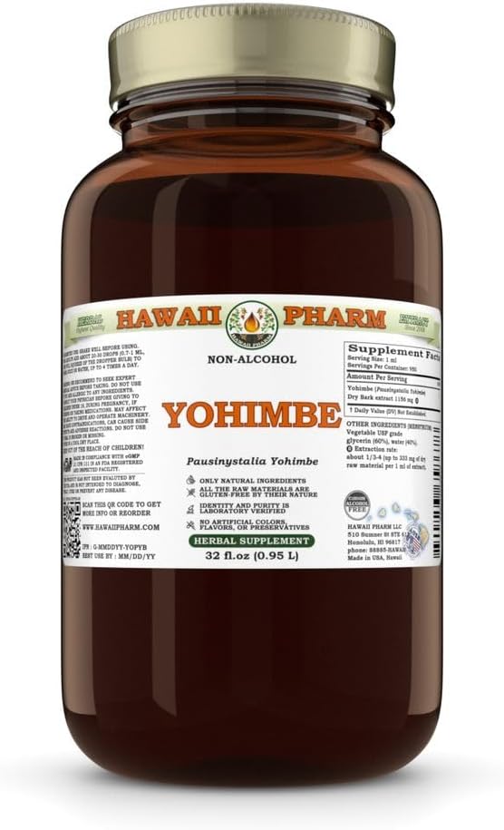 Yohimbe (Pausinystalia Yohimbe) Kuru Bark Glycerite, Hawaii'de Made, All Natural, Vegan, Lab Test Edilmiş Alkol Özgür Sıvı - 32 fl.oz