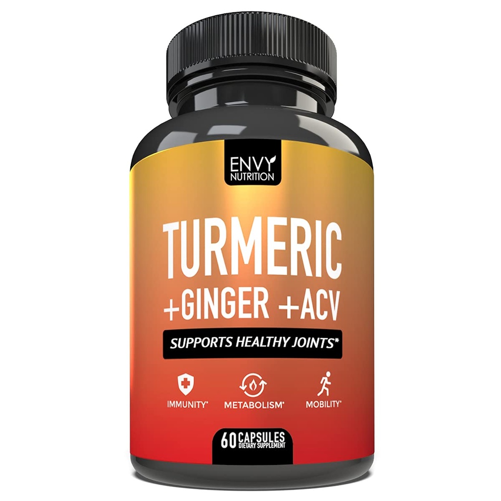 Envy Beslenme Turmeric & Ginger Supplement Capsules with Apple Cider Vinegar - Geliştirilmiş Immunity & Metabolism Support - 95 Curcuminoids, Bioperine (Black Pepper) for Superior Abors - 60 Caps