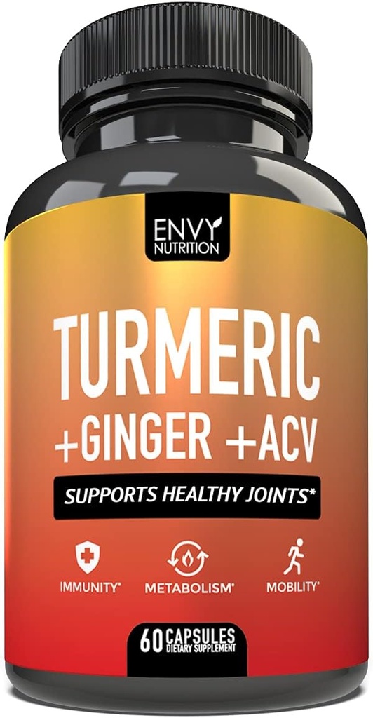 Envy Nutrition Turmeric & Ginger Συμπληρώματα κάψουλες με μηλίτη της Apple Ξίδι - Ενισχυμένη Ανοσία & Μεταβολισμός Υποστήριξη - 95% Κουρκουμινοειδή, Βιοπερίνη (Μαύρο Πιπέρι) για Superior Απορρόφηση - 60 Caps