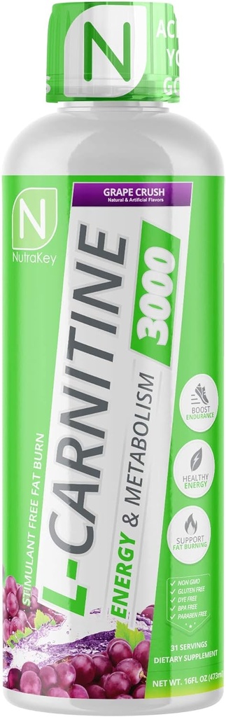 NutraKey L-καρνιτίνη 3000mg, χωρίς ζάχαρη, χωρίς γλουτένη, γυρίστε σε καύσιμα, (συντριβή σταφυλιών) 31 εξυπηρετούν