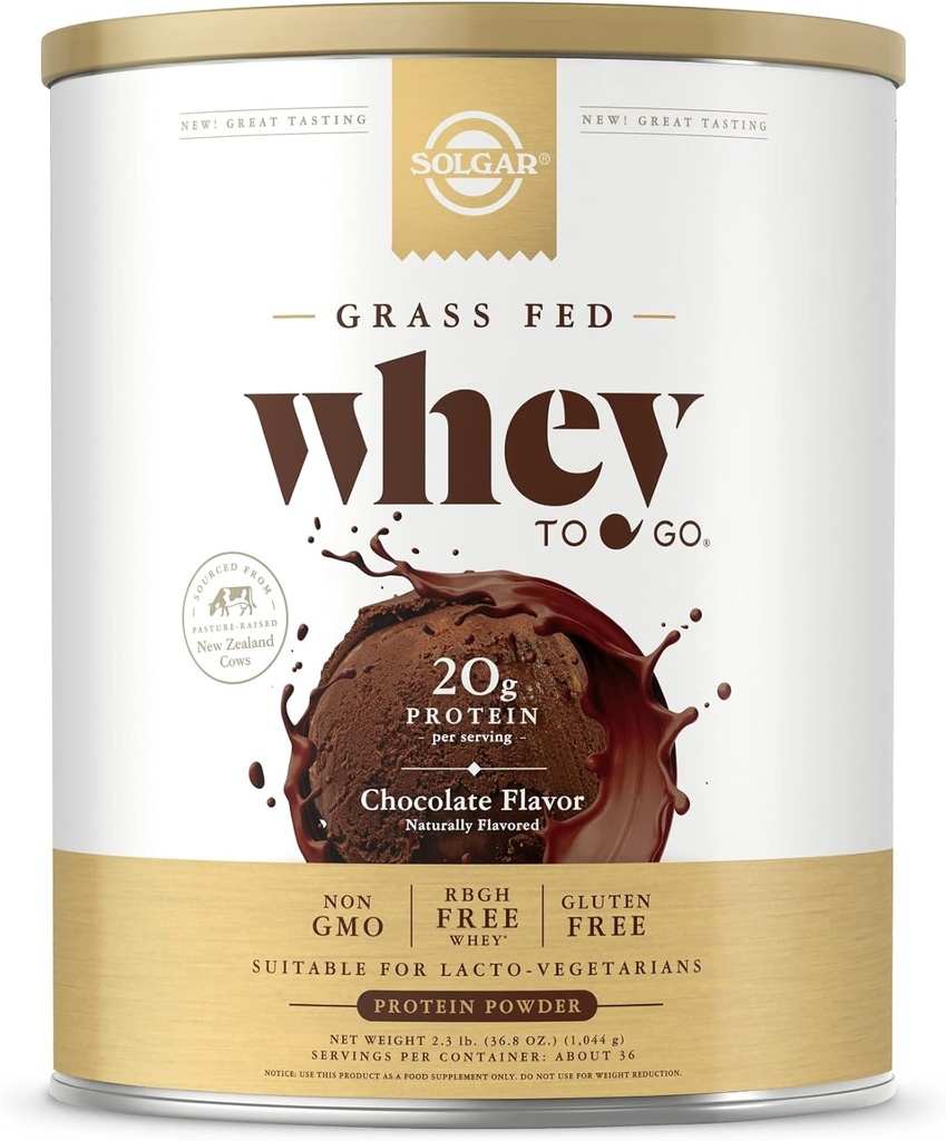 Solgar Grass Fed Whey to Go, Chocolate - 2.3 lb - Grass-Fed Whey protein Toz - rBGH Free, Non-GMO, Gluten Free - 36 Hizmetler