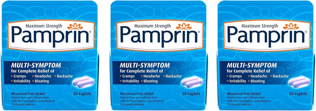 Pamprin Multi-Symptom Formula, Acetaminophen ile, Menstrual Period Belirtileri Yardım, 20 Caplets (Pack of 3)