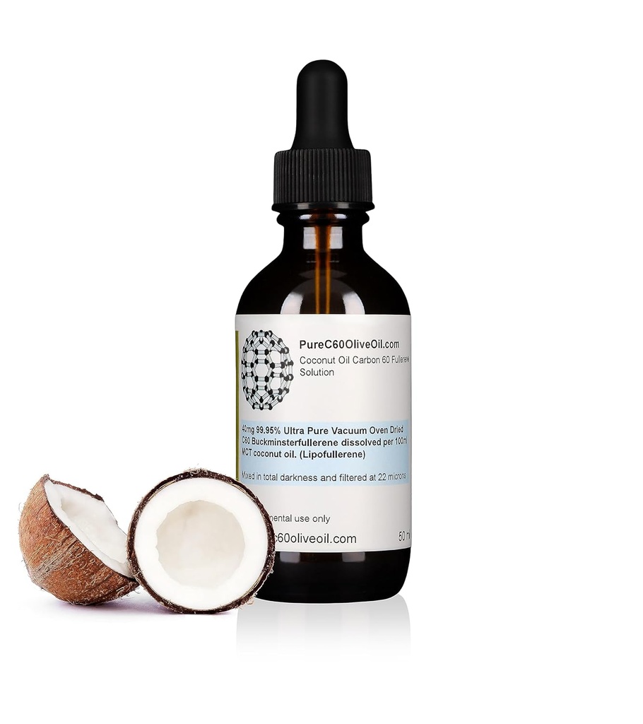 PureC60OliveOil C60 Organic MCT Coconut Oil 50ml / 1.7 fl Oz - 99,95% Carbon 60 Διαλύτης Δωρεάν 20mg - Amber Glass Bottle - Food Grade - Carbon 60 MCT Coconut Oil - από τον κορυφαίο παγκόσμιο παραγωγό