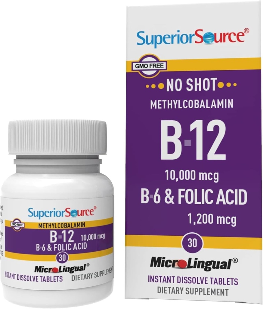 Üstün Kaynak No Shot Vitamin B-12 Torchcobalamin 10000 mcg, B-6 & Folic Acid 1200 mcg - Supports Brain & Heart Health - Aids Natural Energy Levels - 30 Sublingual Discrypt Tabletleri - 30 Altlama