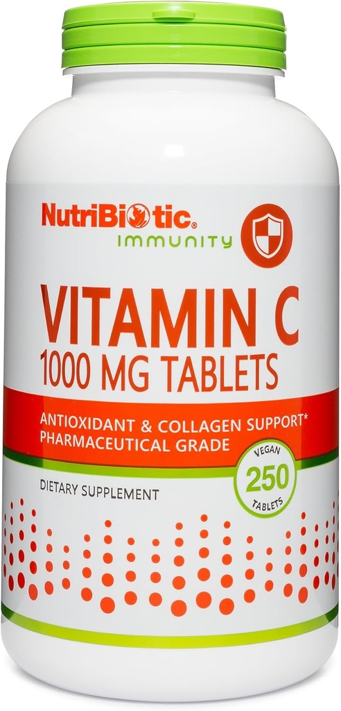 NutriBiotic - Vitamin C 1000 Mg, 250 Count Tablets | Essential Immune & Antioxidant Collagen Support Supplement | Pharmaceutical Grade L-Ascorbic Acid | Vegan, Non-GMO & Gluten Free