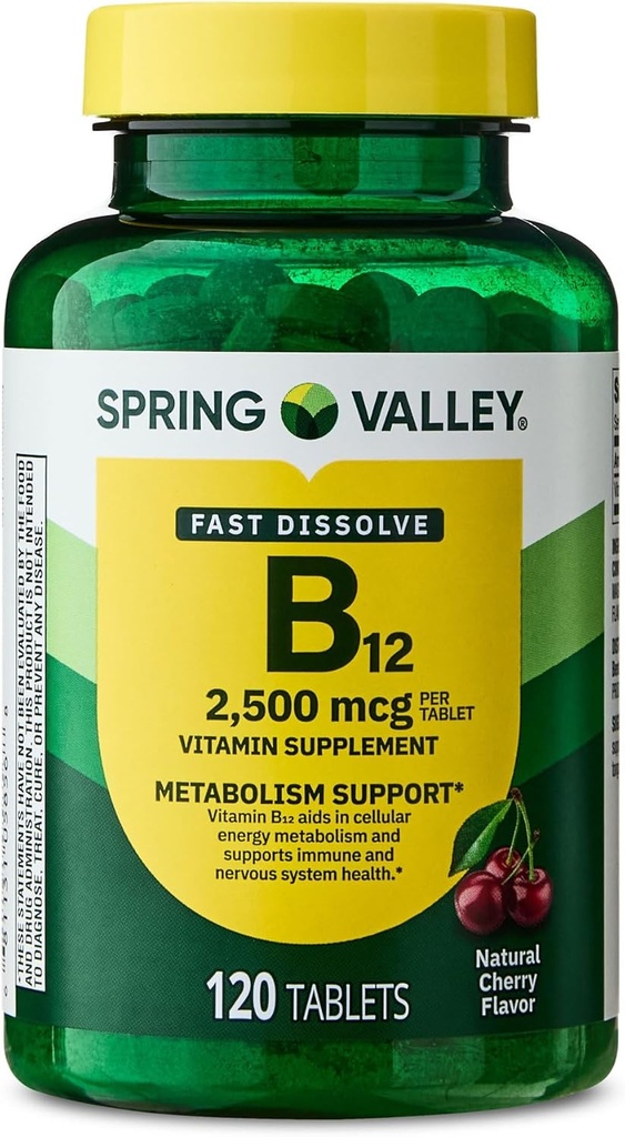 Vitamin B12 Quick-Dissolve Tablets Dietary Supplement, 2,500 Mcg, Cherry, 120 Count and Portable Pill Container (2 Items)