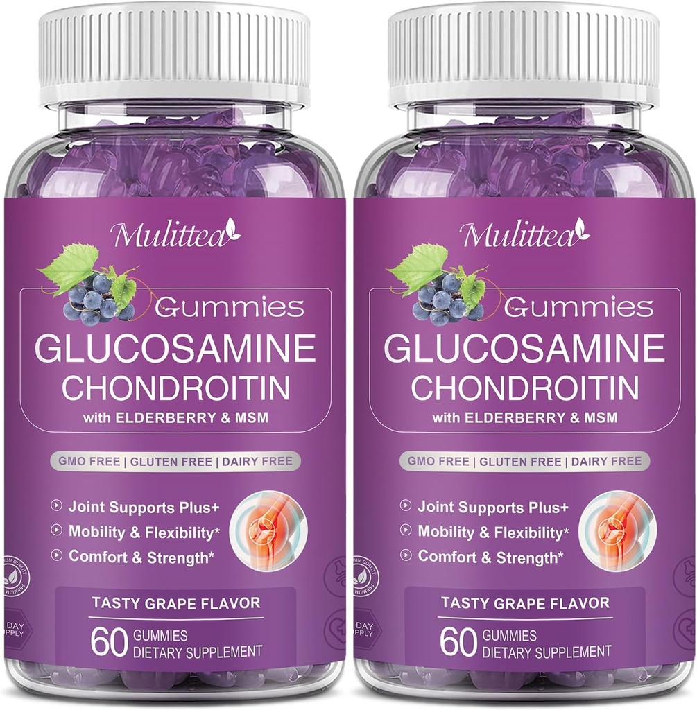 Mulittea Glucosamine Chondroitin Gummies - Επιπλέον συμπλήρωμα κοινής υποστήριξης δύναμης με MSM & Elderberry για τη φυσική κοινή, αντιοξειδωτική ανοσοποιητική υποστήριξη για ενήλικες, άνδρες και γυναίκες χωρίς ζάχαρη (2 Pack)
