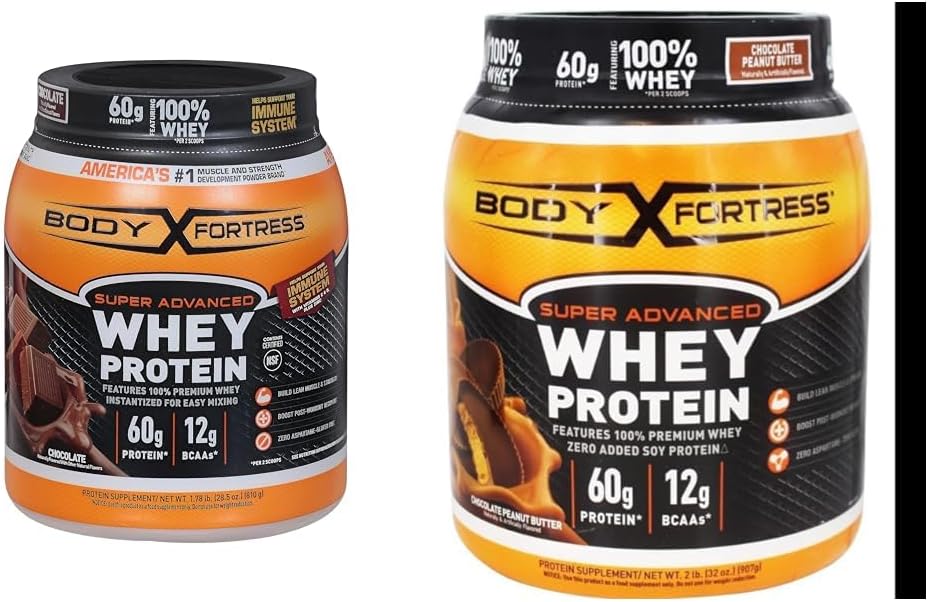 Body Fortress 100% Whey, Premium Protein Toz, Chocolate, 1.78lbs (Pazar Mayıs Vary) & 100% Whey, Premium Protein Toz, Chocolate Peanut Butter, 1.78lbs (Pazar Mayıs Vary)