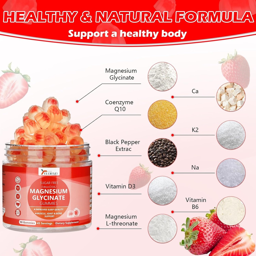 Glycinate Gummys μαγνήσιο 600mg για ενήλικες, συμπλήρωμα χωρίς ζάχαρη μαγνήσιο Κάλιο με λάδι μαγνησίου, βιταμίνη D3, K2, B6, και CoQ10 για ηρεμία, ύπνο, μυϊκή υποστήριξη - Φράουλα, 90 Count