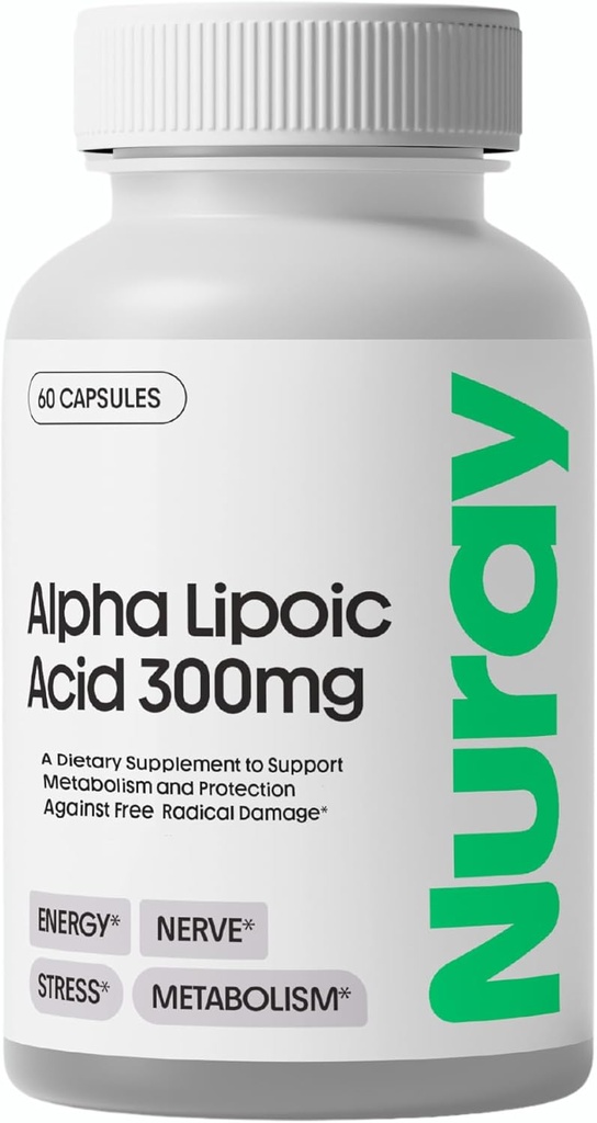 Nuray Alpha Lipoic Acid 300mg - Αντιοξειδωτικό συμπλήρωμα για υγιή γήρανση, υποστηρίζει την παραγωγή ενέργειας, σωστή λειτουργία νεύρων, Μεταβολισμός - 60 κάψουλες χορτοφάγων, συμπλήρωμα διατροφής χωρίς γλουτένη