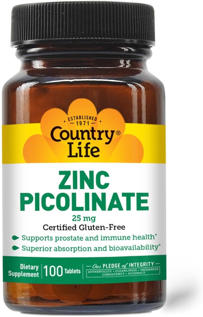 Ülke Life çinko Picolinate 25 mg - Immune Support, Prostate Health & Cellular Wellness - Sertifikalı Gluten-Free, Vegan & Halal, Non-GMO - 100 Tabletler