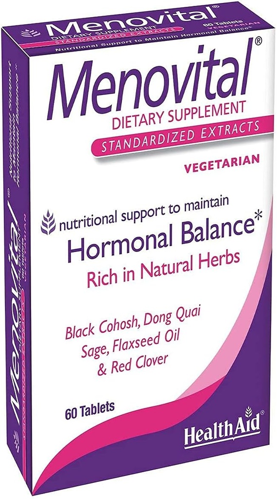 SağlıkAid Menovital - Hormonal Denge Desteği için Zamanlı Herbal Supplement | 60 Vejetaryen Tabletler | Non-GMO & Gluten-Free-GMO & Gluten-Free