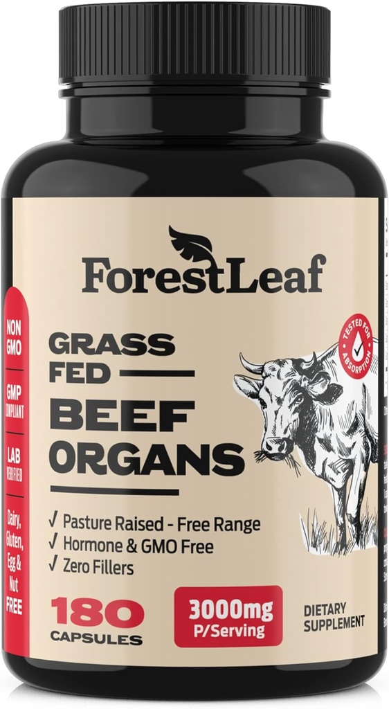 ForestLeaf Beef Organ Supplement - Grass Fed & Pasture Yükseltildi - Total Body Wellness & Performance, Organ Kompleksi 3000 mg of Desiccated Beef Liver, Heart, Kidney, Pancreas, Spleen (180 Capsules)