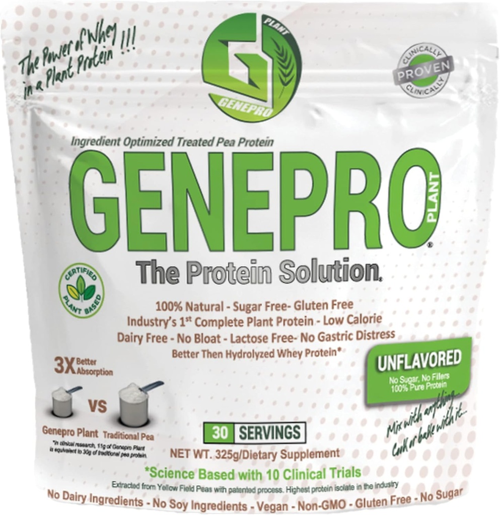Genpro Unflavored Plant Based Protein Toz - Lactose-Free, Gluten-Free, & Non-GMO Pea Protein Supplement Shake (30 Servisler)