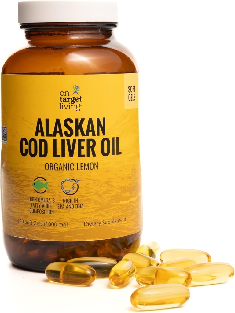 Hedefde Alaskan Cod Liver Oil 120 Soft Gels | ABD'de Caught in the USA | Natural Occurring Vitamin D | Rich in Omega 3 DHA/EPA