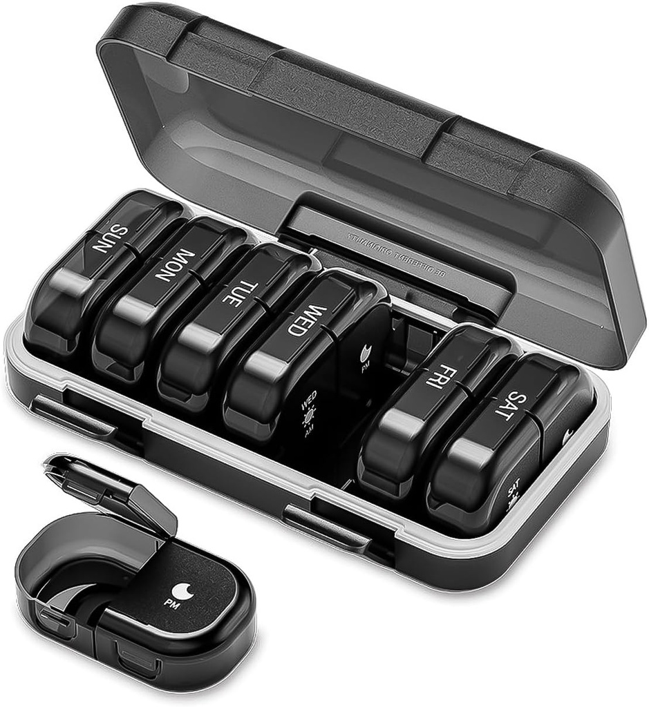 Haftalık Pill Organizer 2 Times a Day, AM PM Pill Organizer 7 Gün, Portatif Pill Case 14 Gün, Moisture Büyük Pill Membran, Büyük Seyahat Pill Box for Vitamins Supplements (Black)