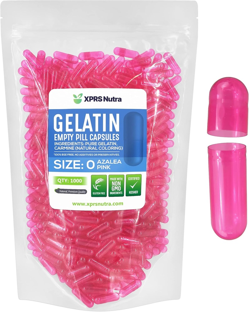 XPRS Nutra Boyutu 0 Boş Kapsüller - 1000 Kont Boş Gelatin Capsules - Pills DIY Capsule - Pure Bovine Pill Gel Caps For Do-It- Yourself Supplements (Azalea Pink)
