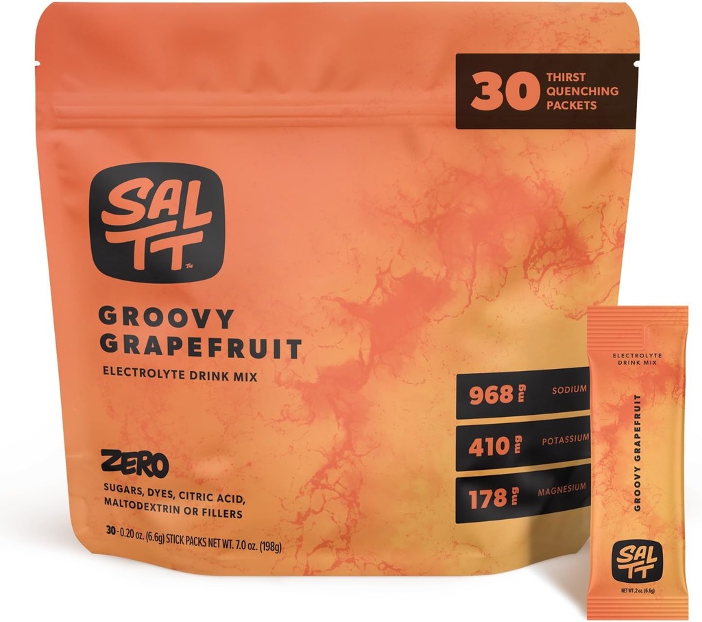 SALTT Electrolytes Powder Flavored Drink Mix - Groovy Grapefruit - 30 Hydration Packets - Magnesium, Potassium, Sodium, Trace Minerals - Zero Sugar & Gluten Free - Travel Essentials