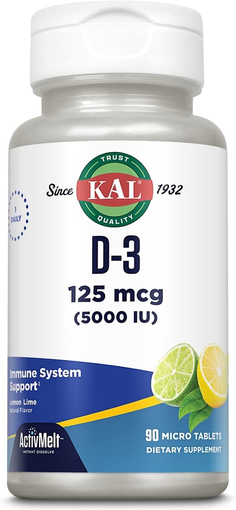 KAL Βιταμίνη D-3 5000 IU ActivMelt, Άμεση Διάλυση, Φυσικό άρωμα λεμόνι, Υγιής Ανοσολογική Λειτουργία & Υποστήριξη των Οστών, 90 Μερίδες, 90 Micro Tablets