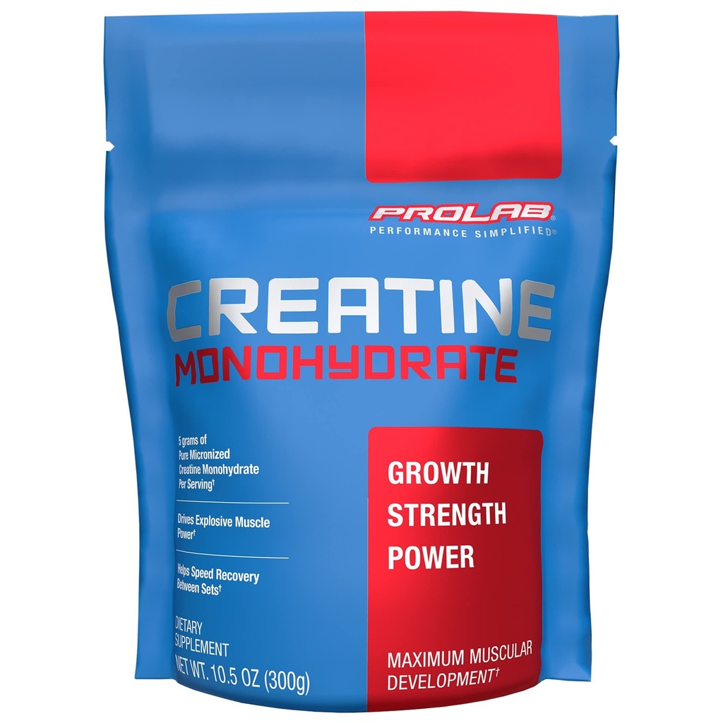 ProLab Nutrition Creatine Monohydrate Micronized Powder, 5G Pure Creatine for Muscle Strength, Power & Endurance, Fast Absorbing, Unflavored, (300g) (60 Services)