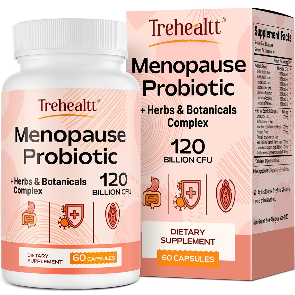 Kadınlar için Menopause takviyeleri, 120 Milyar CFU Probiyotik, 13-in-1 Herbs & Botanicals Kompleks, Hormonlar için Menopause, Hot Flashes, Night Sweats, Mood Swings, Sleep Disturbances, Vegan, 60 Capsules