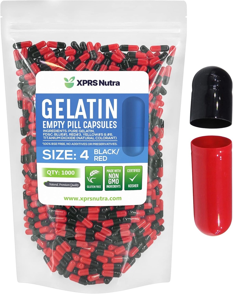 XPRS Nutra Boyutu 4 Boş Kapsüller - 1000 Kont Küçük Boş Gelatin Capsules - Pills DIY Capsule - Sağlam Bovine Pill Gel Caps For Do-It- Yourself Supplements (Black/Red)