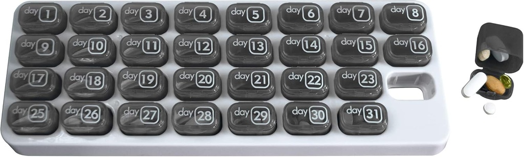 Monthly Med Organizer, Ev için 31 Günlük Yeniden Taşınmaz Pill Pods, Work, Travel, Numbered Pillboxes for Supplements & Vitamins (Grey)