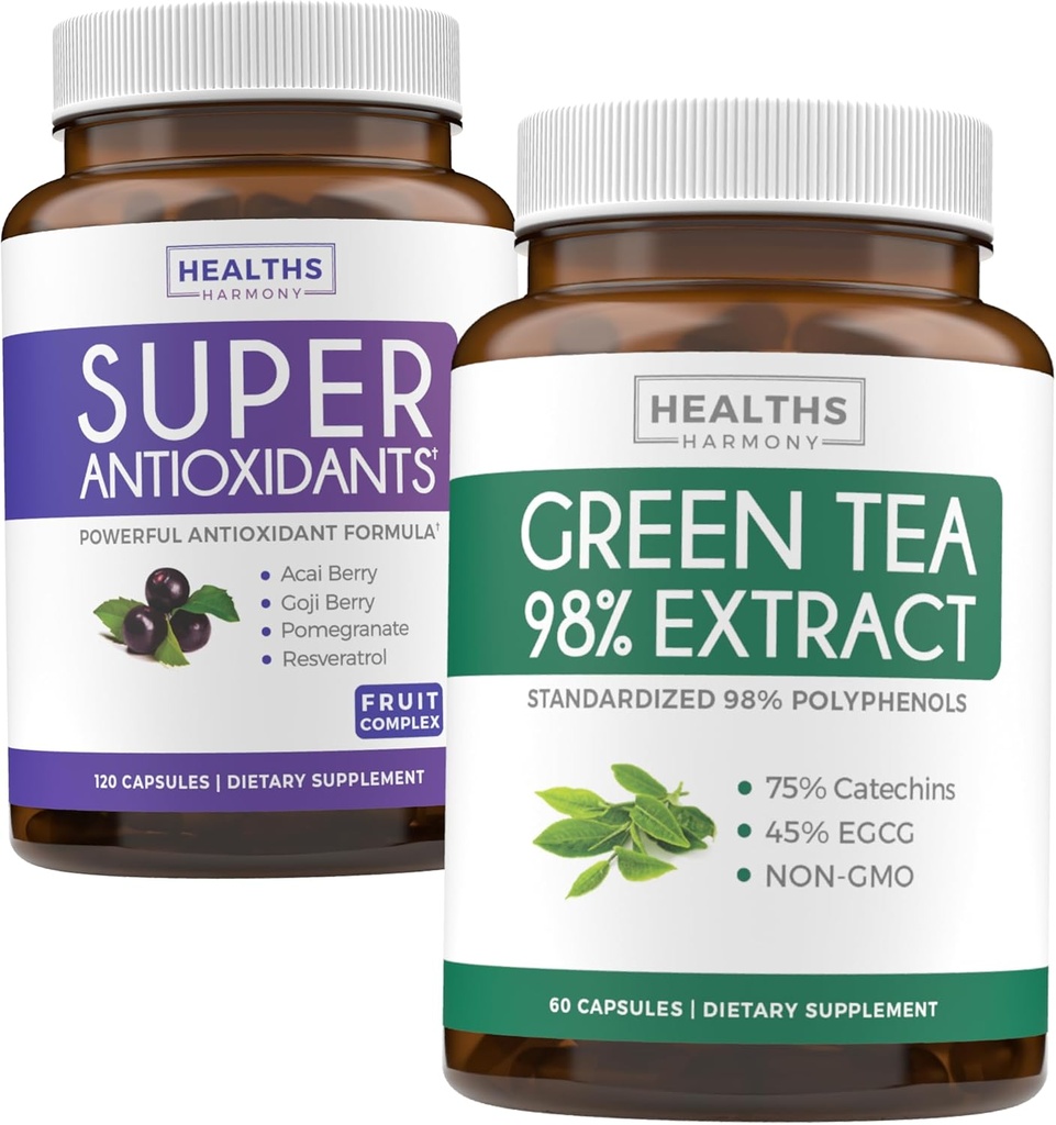Antioxidants & Green Tea Extract (1-Month Supply) Αντιοξειδωτικό Πράσινο Σύντηξη - Super Antioxidants - Ισχυρό Super Food Daily Blend (120 Caps) & Πράσινο Τσάι Extract με EGCG Polyphenol Catechins(60 Caps)