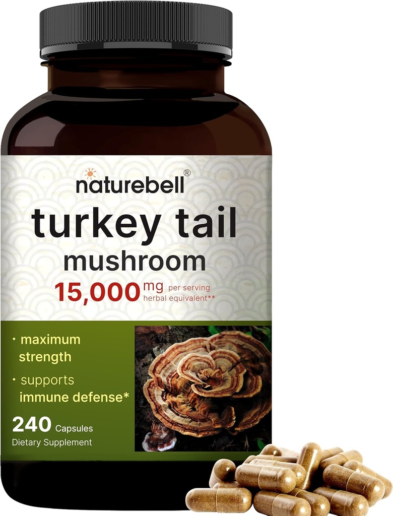 NatureBell Turkey Tail Mushroom Capsules 15,000mg Per Servis, 240 Kont | 25:1 Meyve Vücut ve Mycelium Ekstraksiyonu - Immune & Brain Health Mushrooms Supplement Supplement