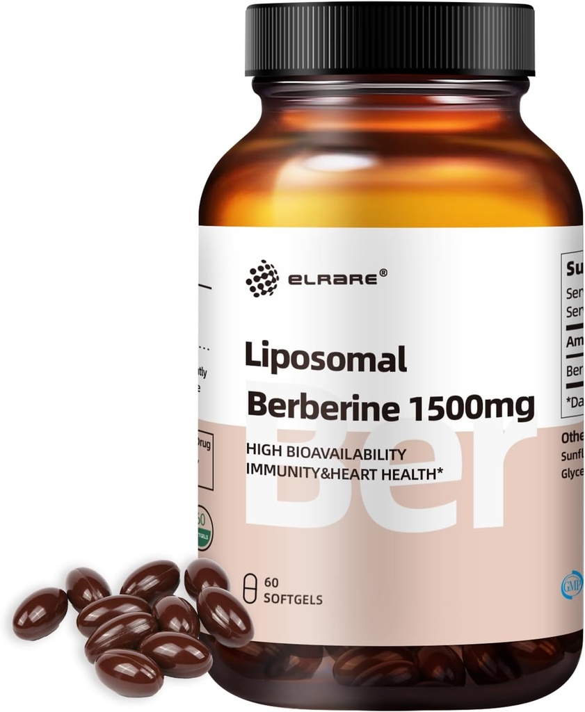 Liposomal Berberine Supplement 1500 mg,Liposomal Berberine HCL,High Bioavailability, Support Liver & Heart Health,AMPK Activator for Men & Women,Non-GMO,Gluten-Free,60 Softgels