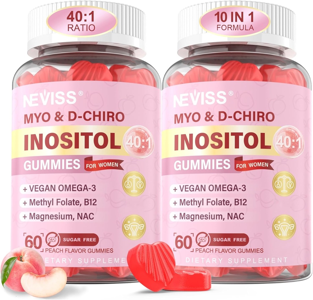 Myo-Inositol & D-Chiro Inositol Gummies for Women 2000 mg + 50 mg, 40:1 Inositol with Vegan Omega-3 + D3, Magnezyum Glycinate, Metil Folate + B12 for Women Health & Wellness, Sugar Free, 120 Cts
