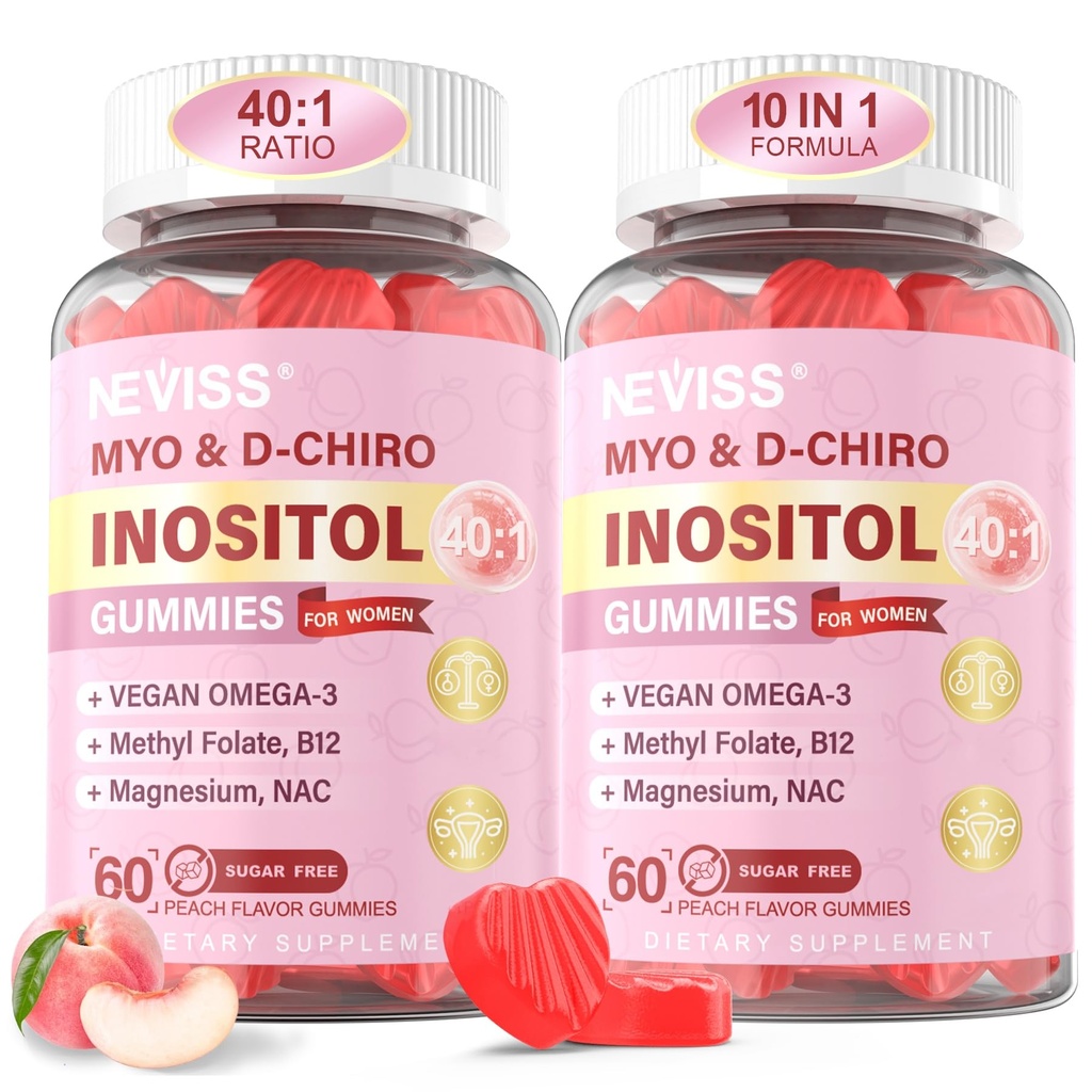 Myo-Inositol & D-Chiro Inositol Gummies for Women 2000 mg + 50 mg, 40:1 Inositol with Vegan Omega-3 + D3, Magnezyum Glycinate, Metil Folate + B12 for Women Health & Wellness, Sugar Free, 120 Cts