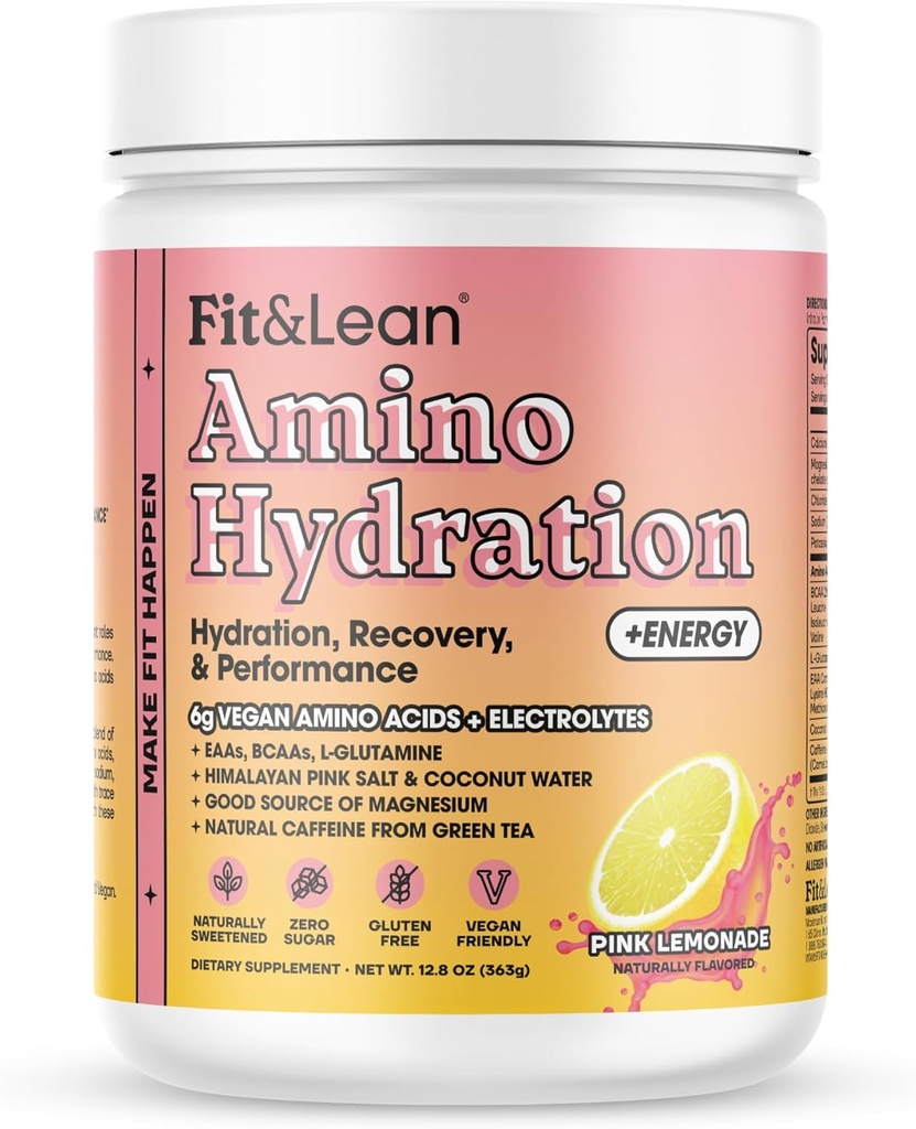 Fit & Lean Amino Hydration Plus Ενέργεια, προ προπόνηση σε σκόνη, 6g Vegan Essemtial Amino Acids, EAA, BCAA, Γλουταμίνη, ηλεκτρολύτες & φυσική καφεΐνη, ροζ λεμονάδα, 30 Serv