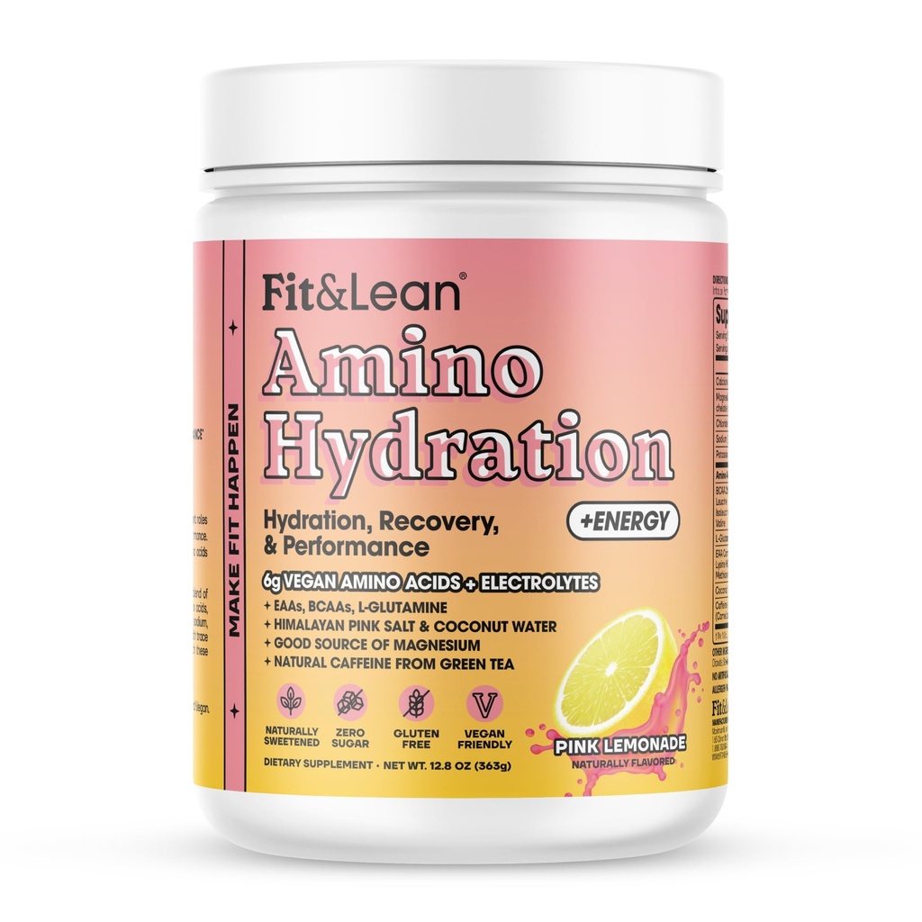 Fit & Lean Amino Hydration Plus Ενέργεια, προ προπόνηση σε σκόνη, 6g Vegan Essemtial Amino Acids, EAA, BCAA, Γλουταμίνη, ηλεκτρολύτες & φυσική καφεΐνη, ροζ λεμονάδα, 30 Serv